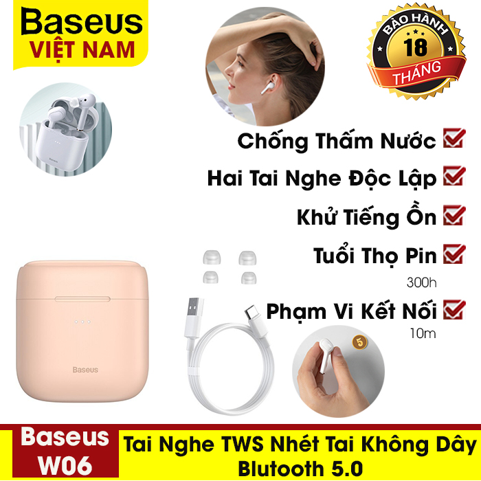 [BẢO HÀNH 18 THÁNG] Tai Nghe Không Dây Baseus W06 TWS-Bluetooth 5.0cho điện thoại Iphone, Xiaomi-chống ồn, chống nước