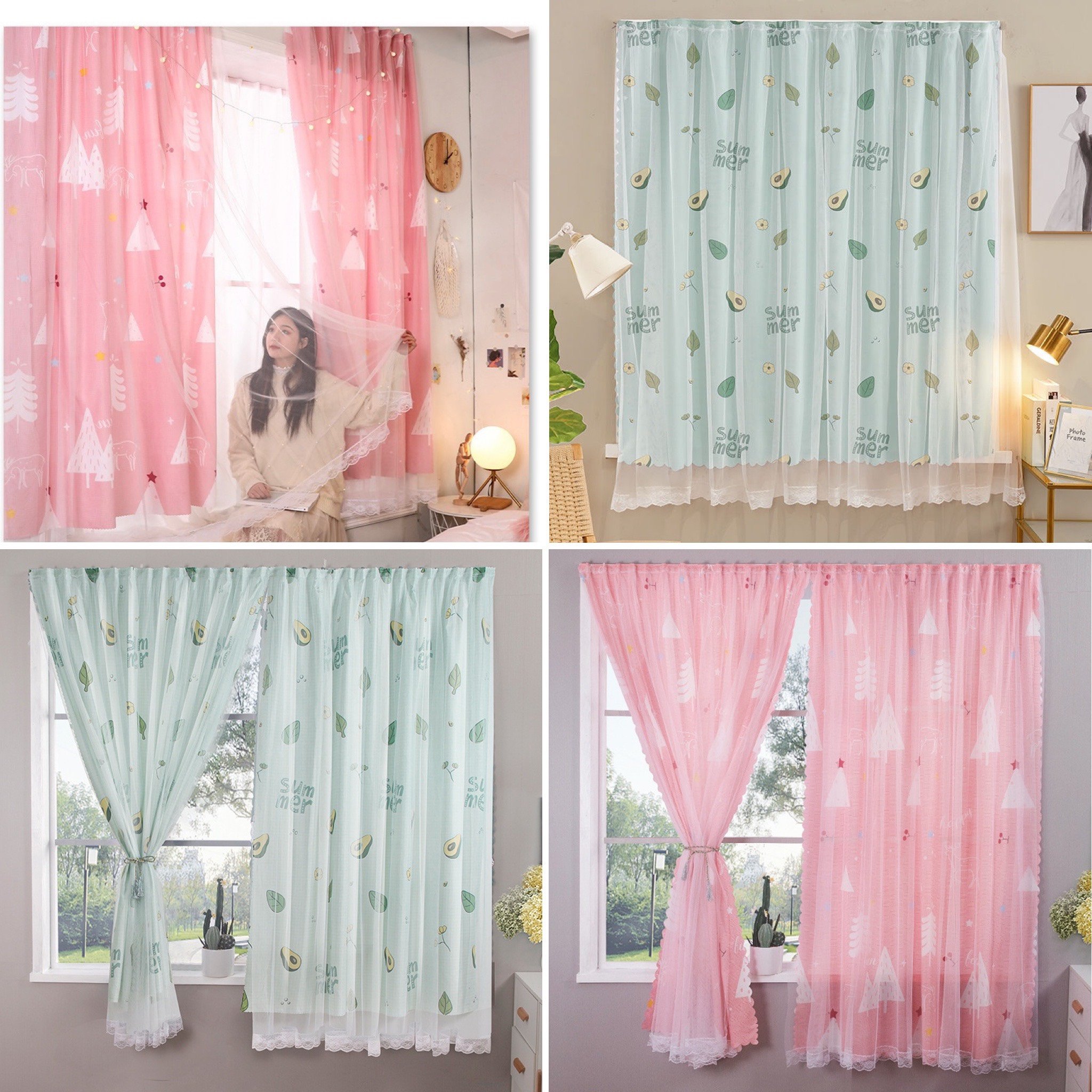 Rèm màn cửa dán 2 lớp mẫu họa tiết cực xinh, sẵn keo bóc dán, nhiều kích thước