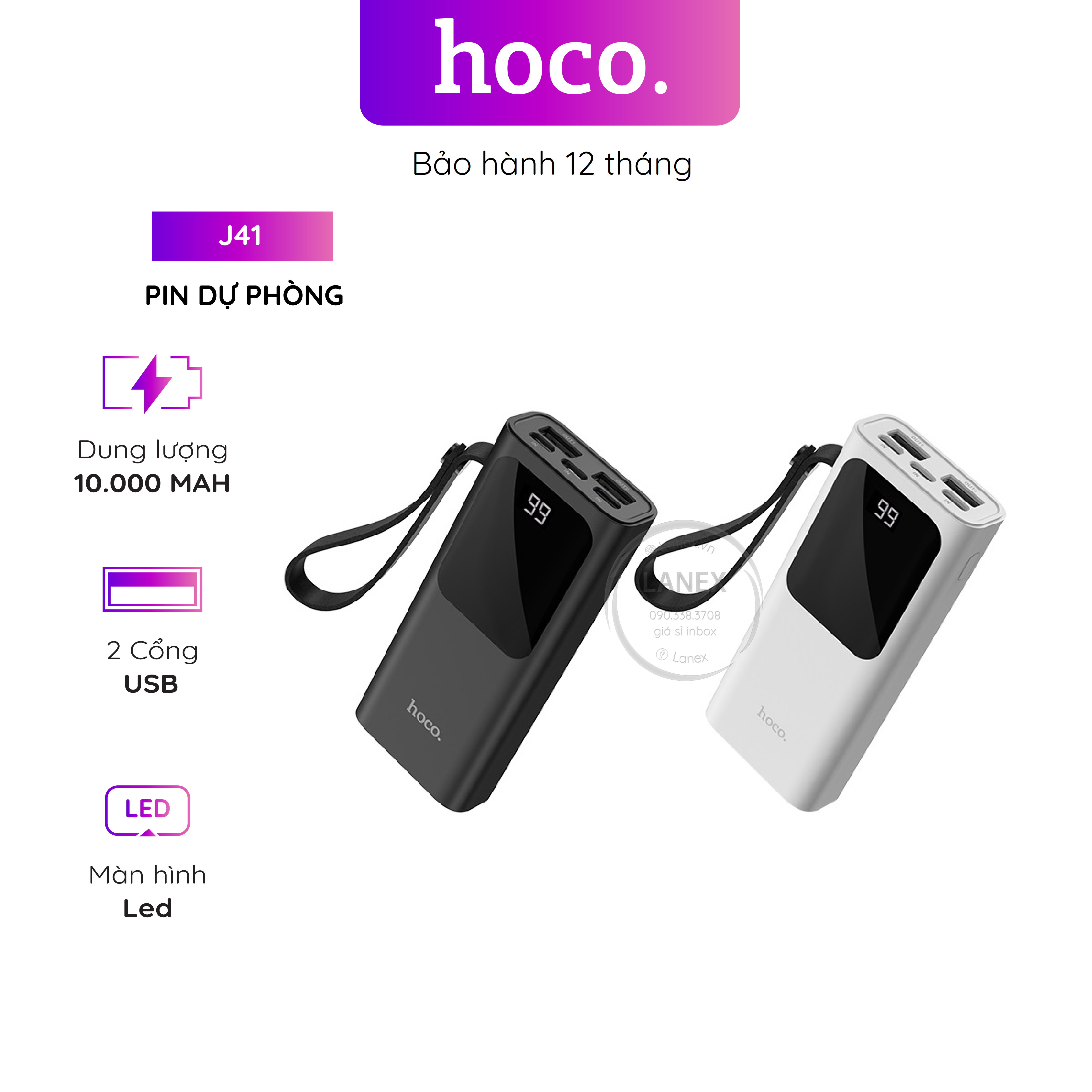 Pin Dự Phòng Hoco J41 Polymer A+ 2 Cổng Usb 2.0A 10000mah Màn Hình Led