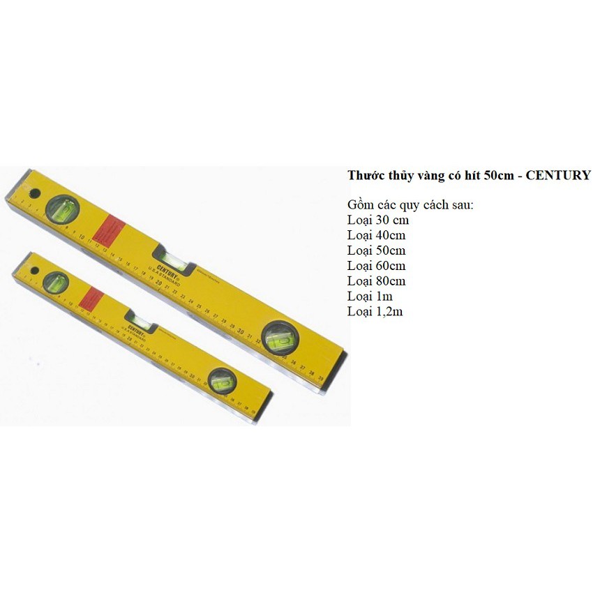 Thước Thủy CENTURY  Full Size 2 Tấc - 1m2 Bằng Nhôm Màu Vàng, Xám Có Hít Cao Cấp (Chính Hãng)