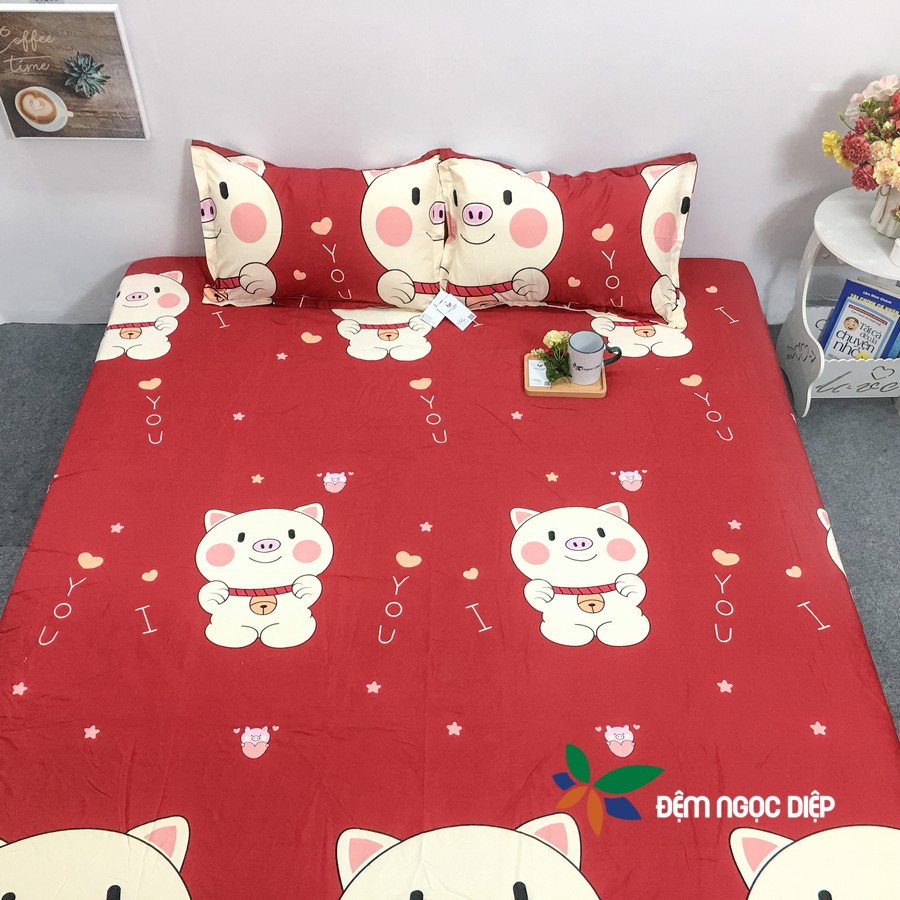 Set ga gối trải giường (1 ga trải giường + 2 vỏ gối nằm) poly cotton mẫu Lợn đỏ kích thước m2, m6, m8, 2m2