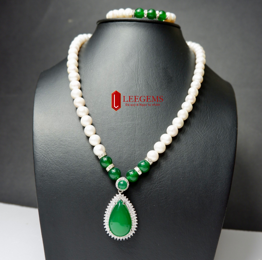Chuỗi ngọc trai thiên nhiên bộ vòng cổ & vòng tay ngọc trai tự nhiên nước ngọt ngọc trai 7ly -08ly hạt tròn màu trắng kèm mặt đá cực sang- đá quý leegems