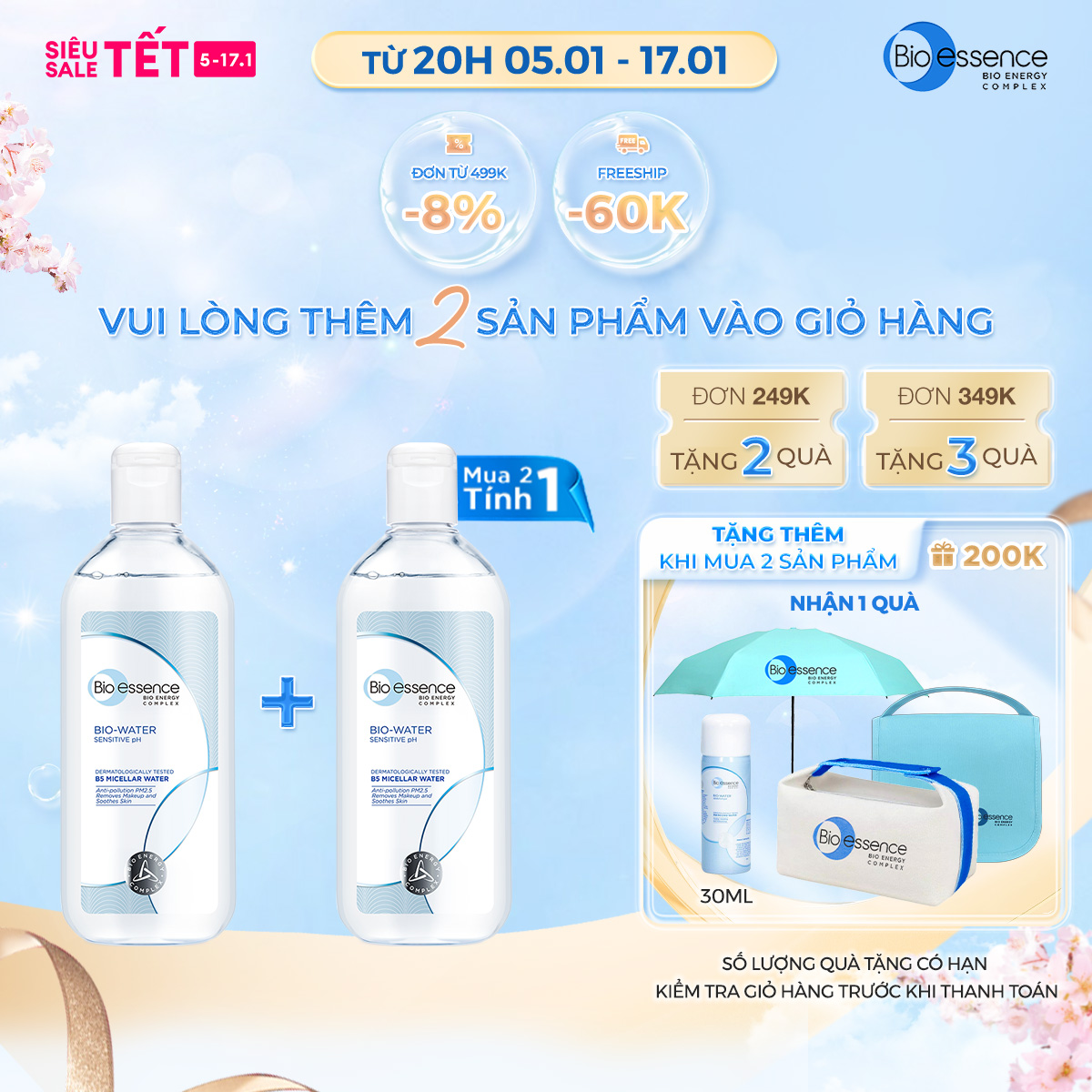 [MUA 2 TÍNH 1- THÊM 2 SP VÀO GIỎ] Nước tẩy trang ẩm mượt mịn màng Bio-Essence Bio-water Vitamin B5 Micellar Water 400ml