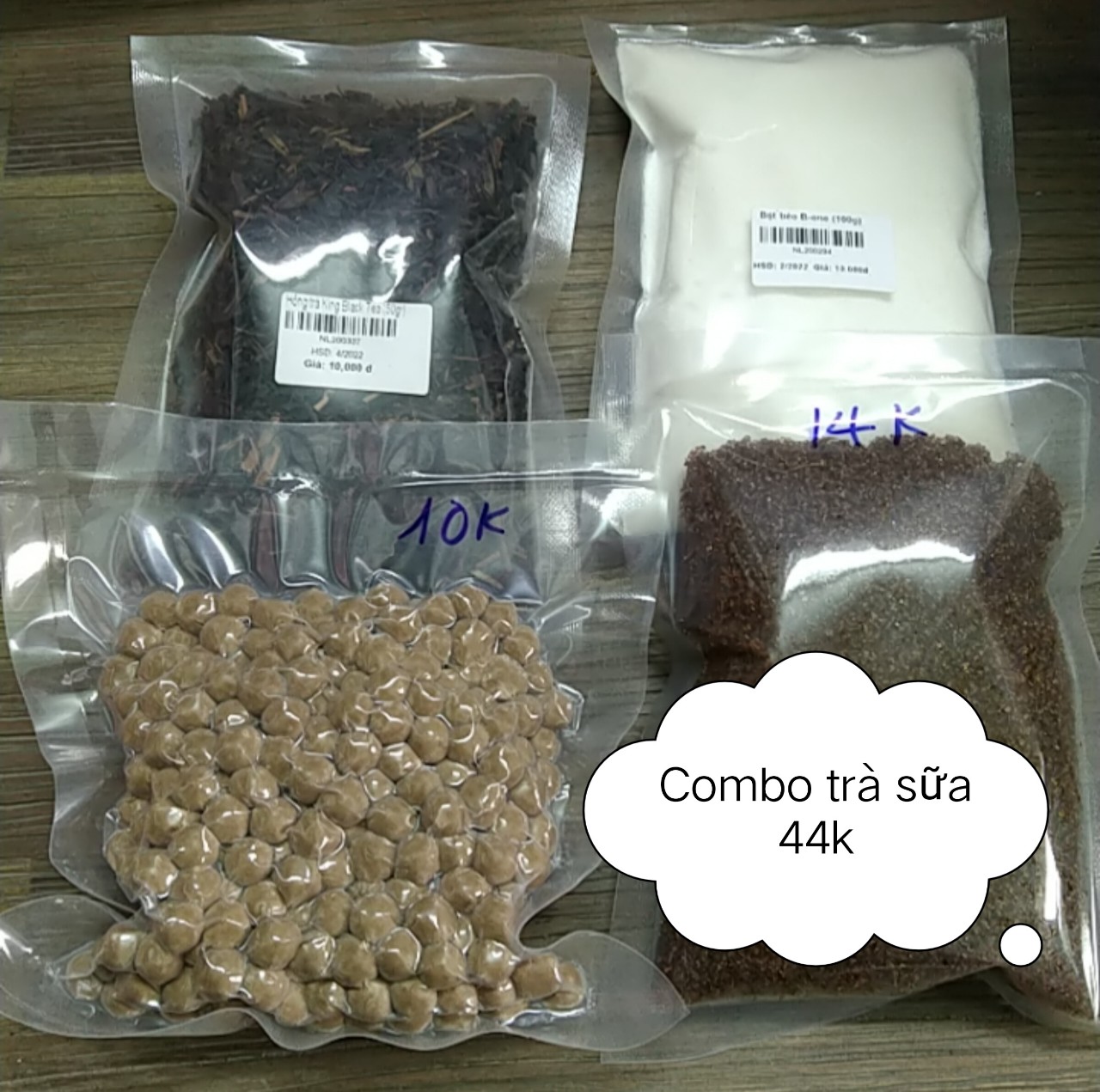 Sét trà sữa trân châu đường đen 4 món như ảnh