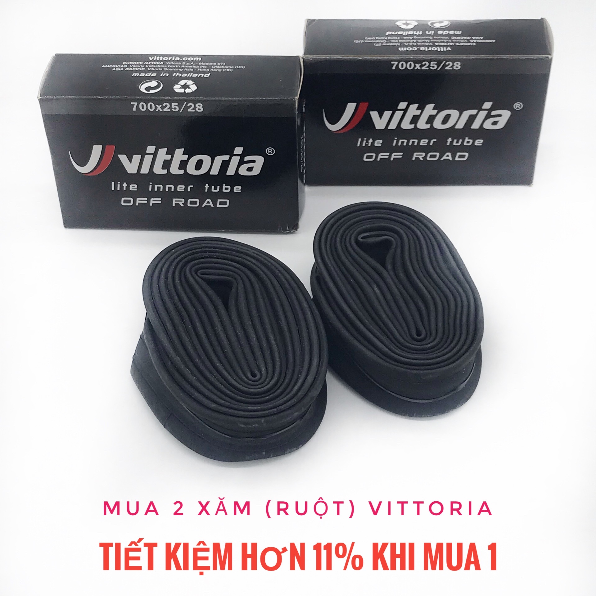 2 Săm xe đạp thể thao Vittoria 700 X 25/28, đầu vòi 60mm, dành cho xe đạp leo núi, xe đường trường, sản xuất tại Thái Lan