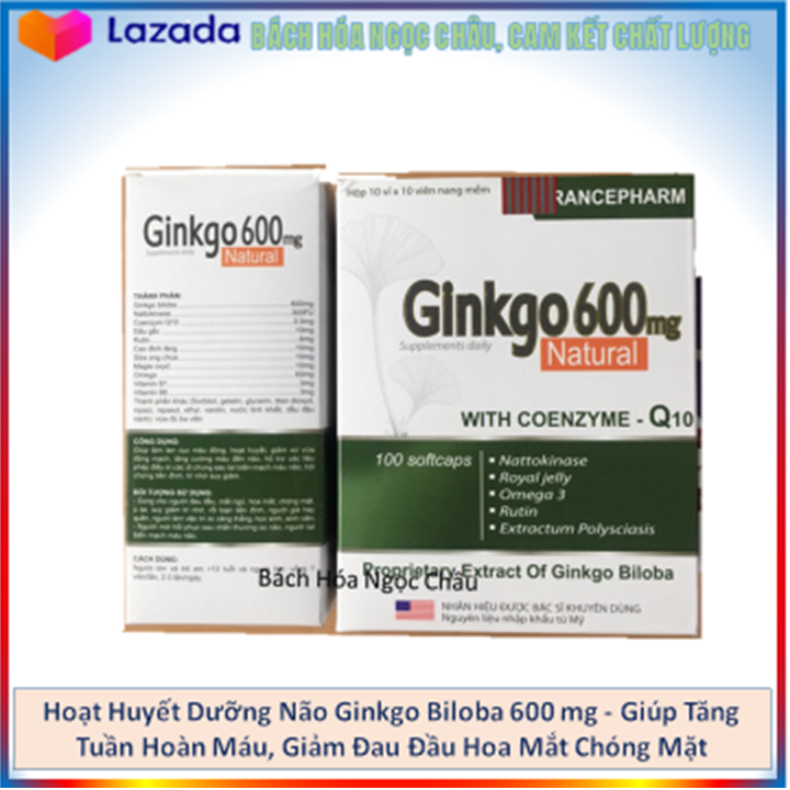 Viên Uống Bổ Não GINKGO 600 mg - Giúp Tăng Tuần Hoàn Máu, Giảm Đau Đầu Hoa Mắt Chóng Mặt( trắng)