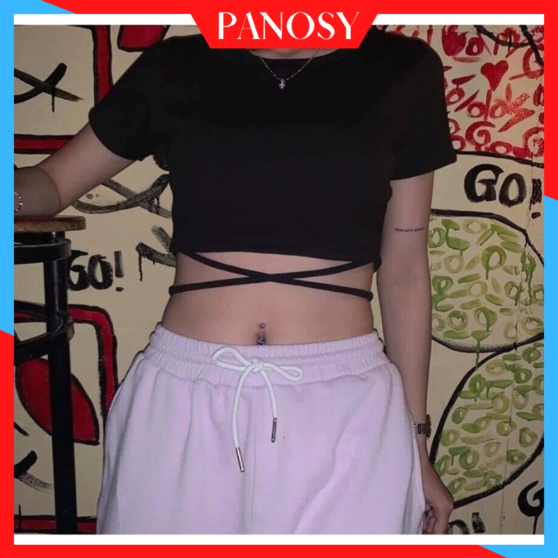 Áo croptop đan dây eo, dáng ôm basic - a341