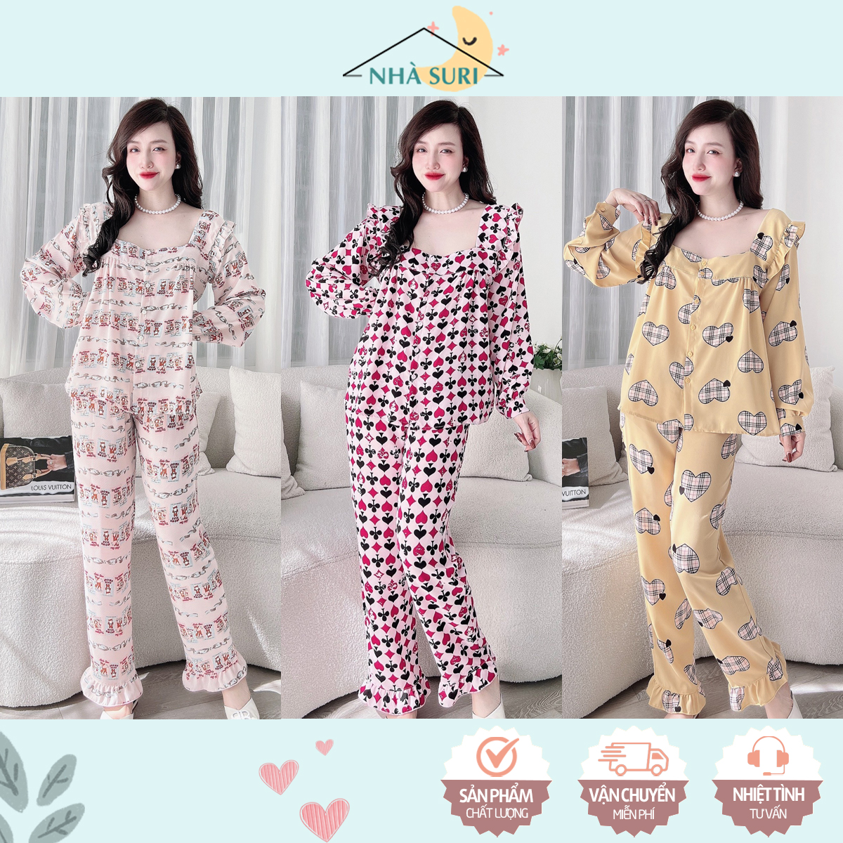 Bộ pijama nữ tay dài quần dài cổ vuông - Đồ ngủ vải mango mềm mịn, sang trọng