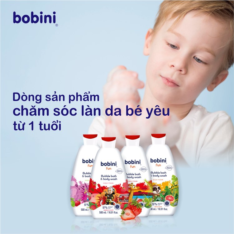 Gel tắm tạo bọt Bobini Fun mềm mịn nhiều mùi hương cho trẻ em 1+ tuổi 500ML