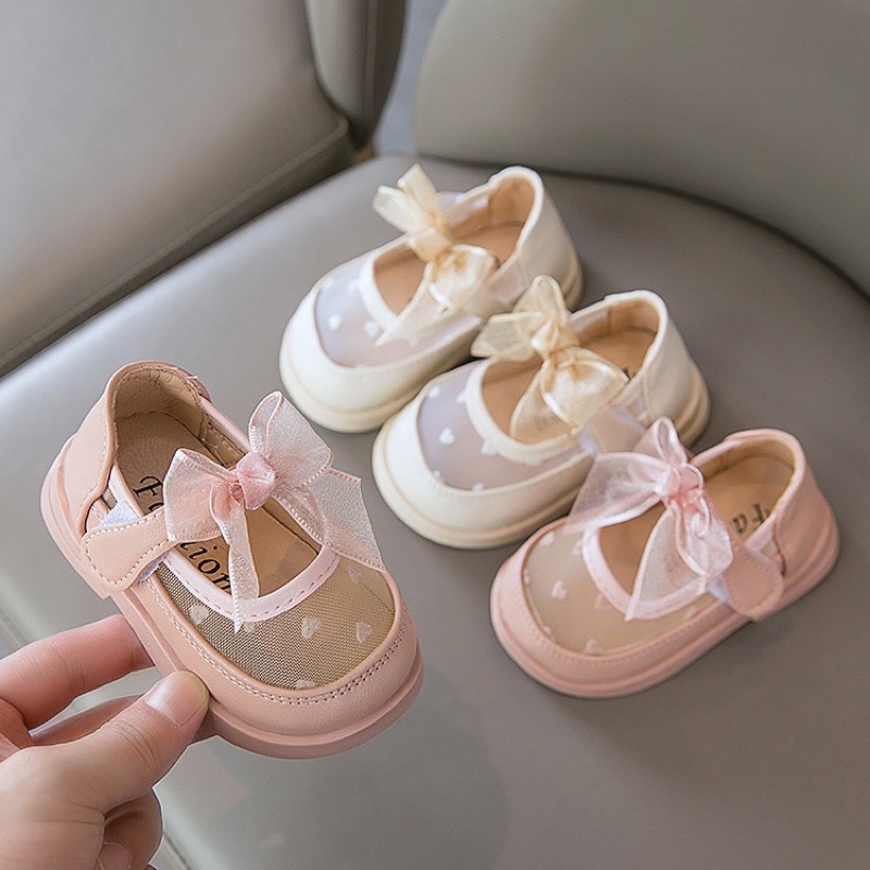 Giày búp bê cho bé trái tim phối lưới quai dán bé gái siêu xinh