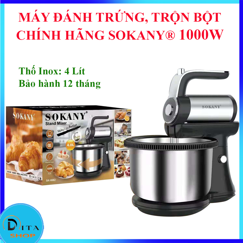 Máy đánh trứng, trộn bột để bàn SOKANY 1000W 5 tốc độ, thố inox 4 Lít, máy đánh trứng, trộn bột để bàn công suất lớn bảo hành 12 tháng
