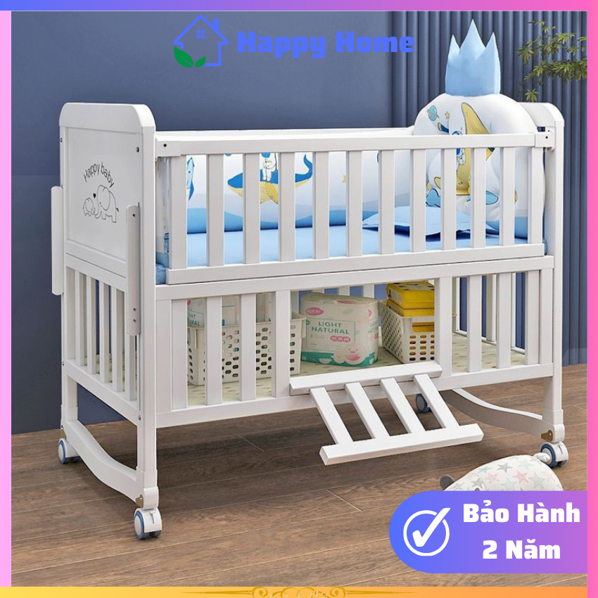Cũi Trắng Em Bé Tặng Kèm Màn, Nôi Cũi Gỗ 2 Tầng Gỗ Thông Kích Thước 105x60x85, Nôi Cũi Trắng, Giường Cũi Ghép Cạnh Giường Bố Mẹ - Happy Home