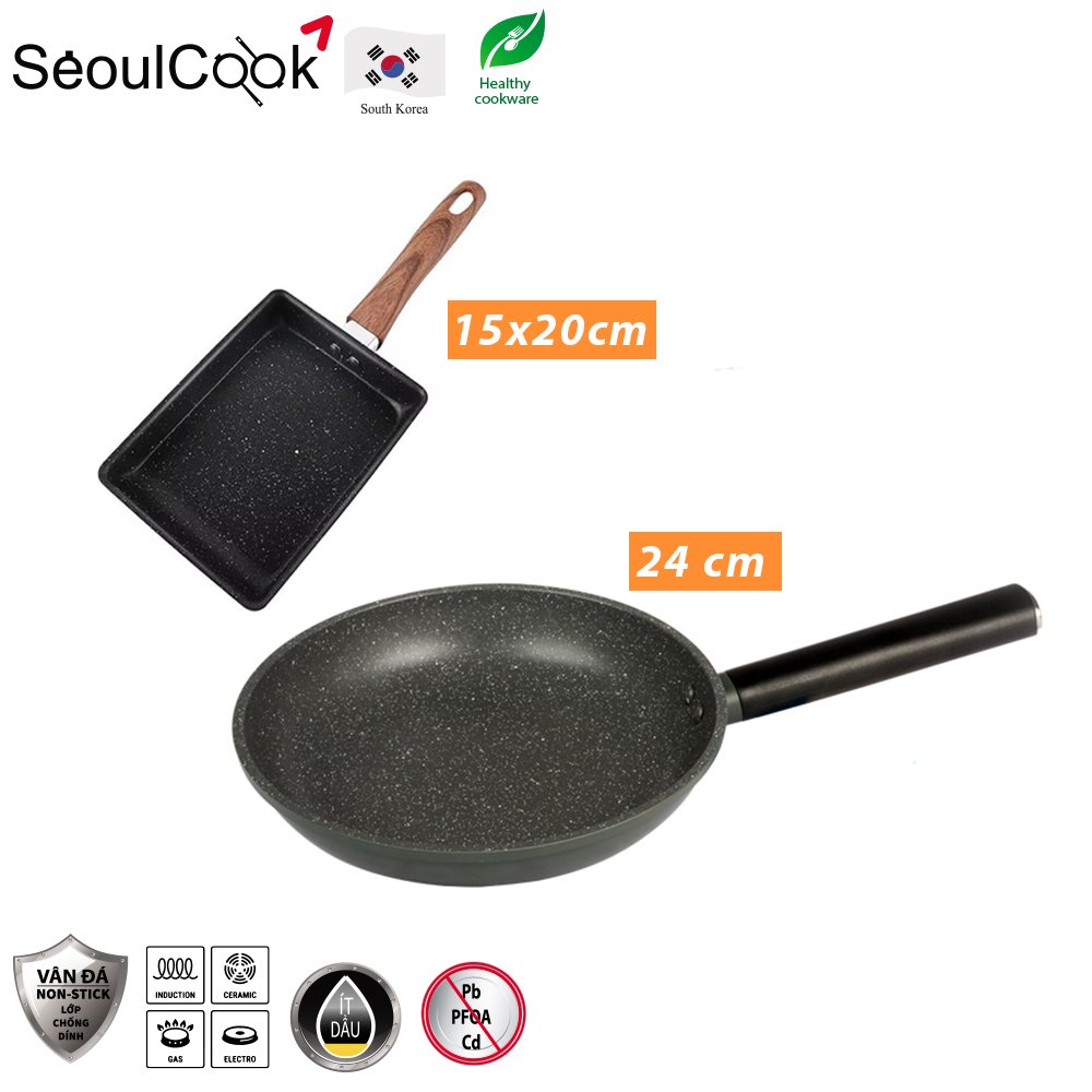 {Chính hãng} Rẻ vô đối - SH5 Bộ 2 chảo Hàn Quốc Seoulcook (size 24cm và vuông 15x20cm)