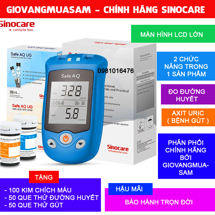 Máy đo đường huyết, Axit Uric 2 trong 1 Sinocare Safe AQ UG Tặng kèm 25 que thử đường huyết và 50 que thử Axit Uric