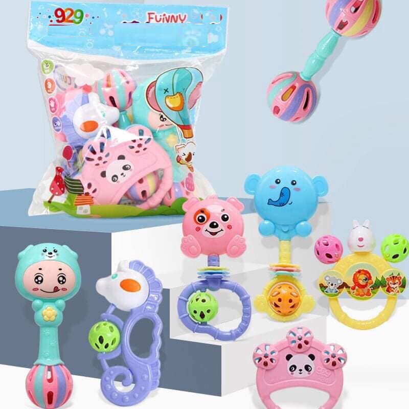 Bộ Đồ Chơi Xúc Xắc / Lục Lạc Gặm Nướu 7 Món Hình Thú Thông Minh Giá Rẻ Cho Bé.⭐