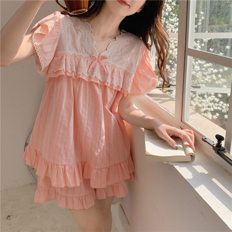 Set bộ ngắn mặc nhà cam phối ren quảng châu