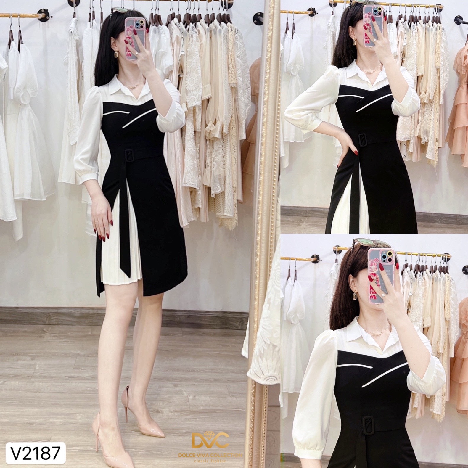 Váy đen phối trắng cổ sơ mi v2187 - dolce viva collection