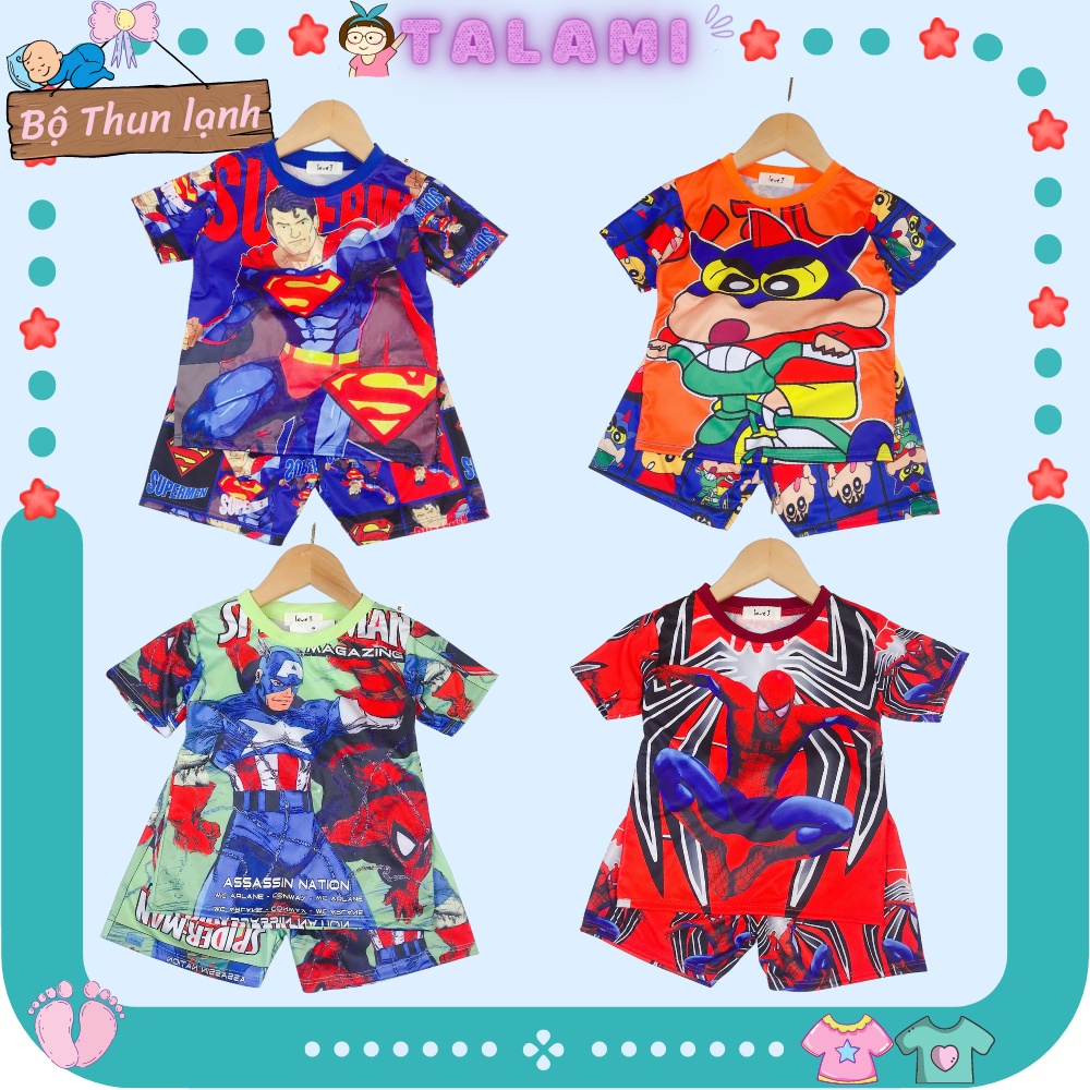Đồ bộ quần áo cộc tay thun lạnh in toàn thân hình siêu nhân 3D cho bé trai từ 7-20kg