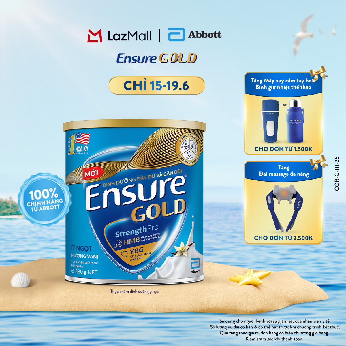 [CHỈ 15-19.06 QUÀ TẶNG CHO ĐH 1500K/2500K-SLCH] Lon sữa bột Ensure Gold hương vani ít ngọt 380g