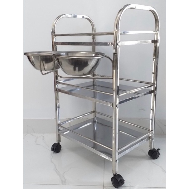 Xe đẩy inox 3 tầng spa có bát nước , xe đẩy inox đựng dụng cụ 3 tầng