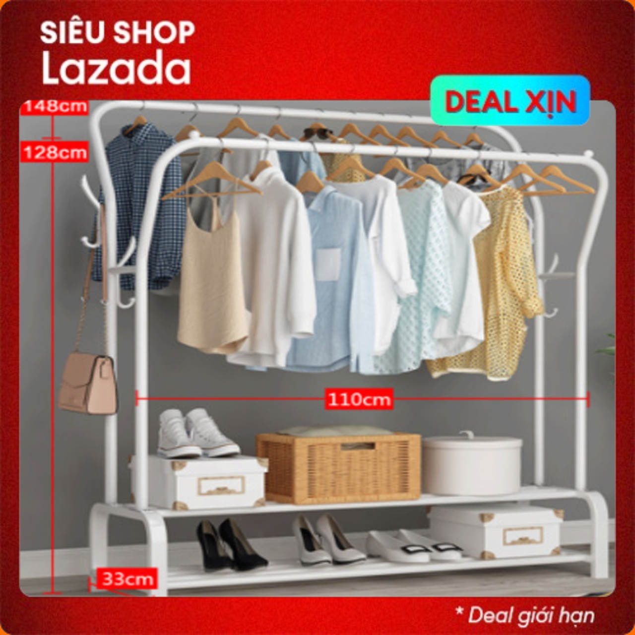 (SANG TRỌNG- TIỆN NGHI) Kệ quần áo 2 khung có móc treo túi xác và ngăn để giày tiện lợi kt 110cm