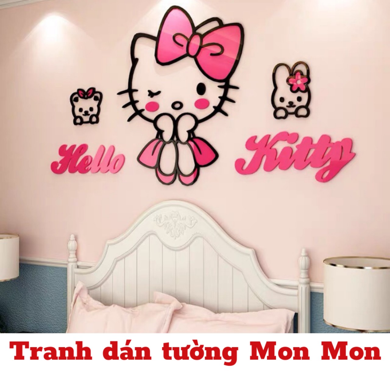 Tranh dán tường Mon Mon - Decal mica 3D hình hello kitty gắn nơ xinh xắn, trang trí phòng ngủ cho bé gái