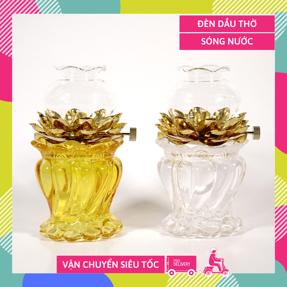 Đèn dầu thờ cúng sóng nước cao cấp chuôi mạ vàng - Cao 15cm