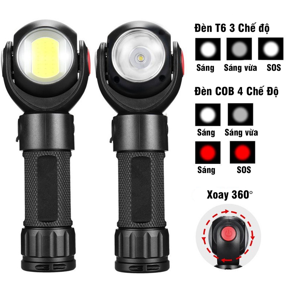 Đèn pin led cob + t6 đế nam châm chống nước xoay 360 độ tiện lợi