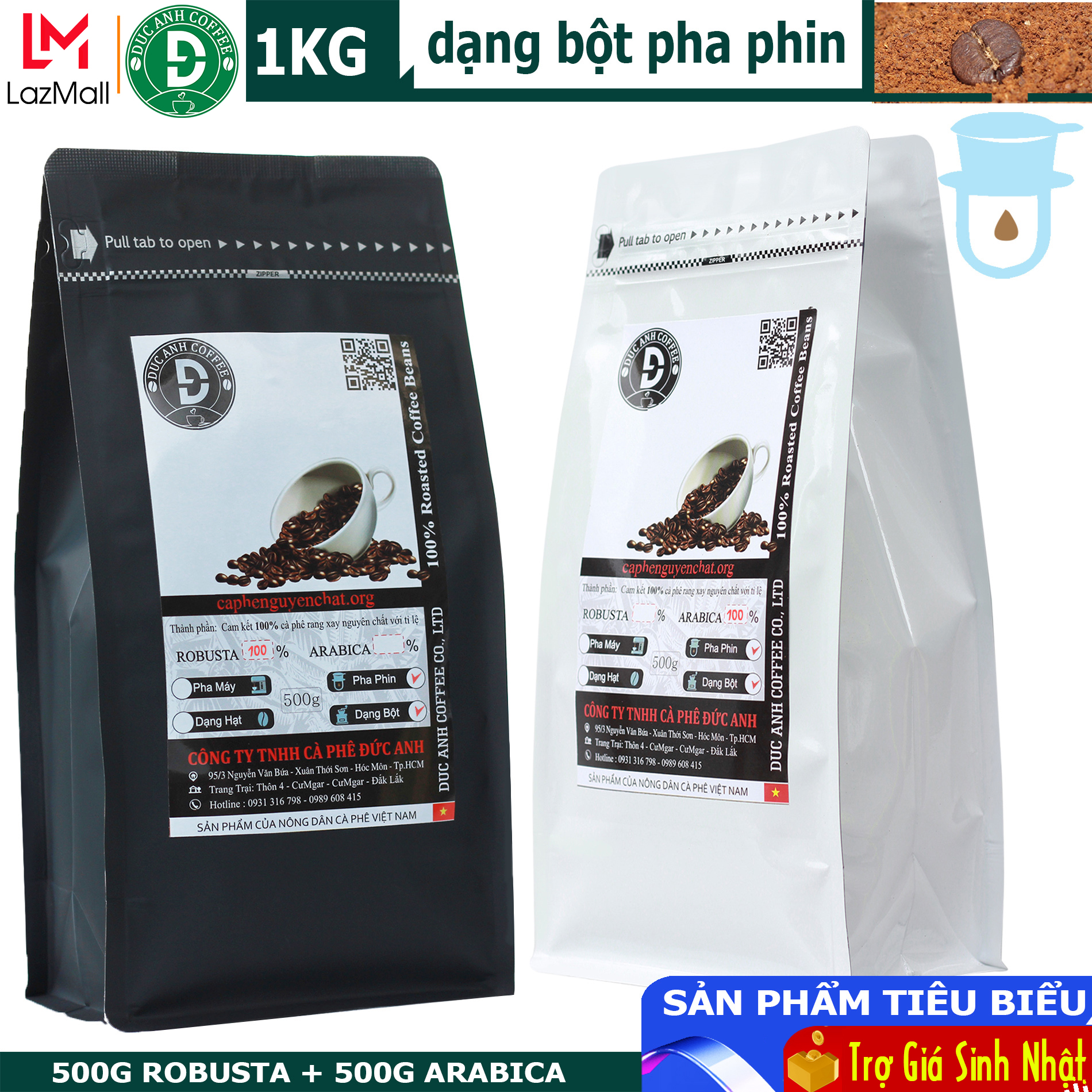 1kg Cà Phê Rang Mộc pha phin DUC ANH COFFEE ( 1 gói ARABICA + 1 gói ROBUSTA) mỗi gói 500gr - Sản phẩm của nông dân cà phê Việt Nam - THƯƠNG HIỆU VIỆT