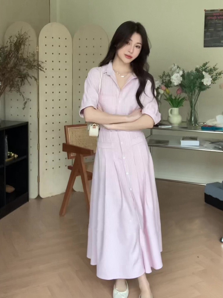 Đầm sơ mi dài nữ váy sơ mi kẻ sọc hồng công sở đi biển Firstdateclothing 72