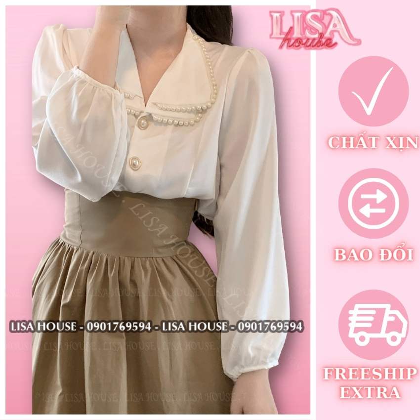 Set sơ mi cổ bèo phối viền 2 lớp + chân váy xếp ly tuyết mưa dài, set tiểu thư siêu xinh