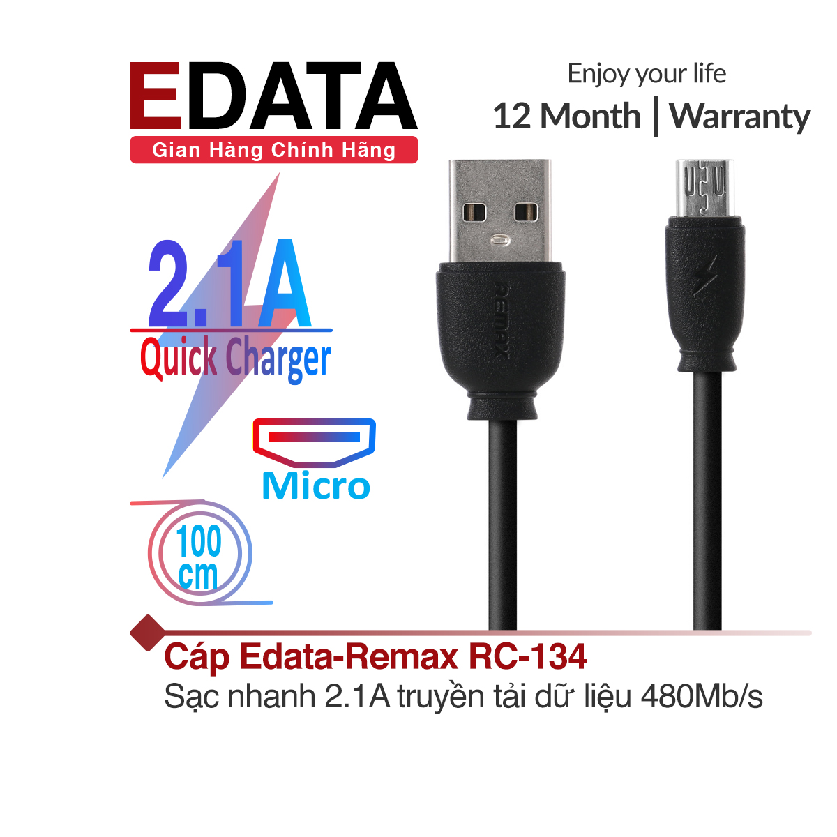 Cáp Micro EDATA RC-134m sạc nhanh 2.1A truyền tải dữ liệu ổn định 420Mb/s dây dẻo PVC dài 100cm dảnh cho Samsung Huawei Xiaomi Oppo Vivo