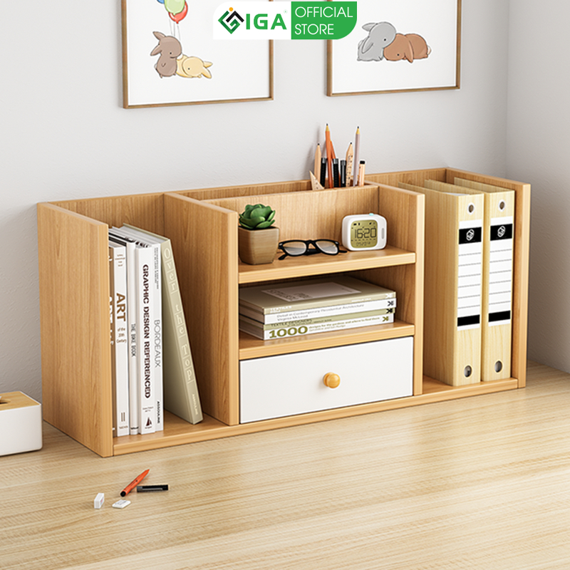 Kệ sách gỗ để bàn nhiều ngăn kèm ngăn kéo decor góc làm việc GP258