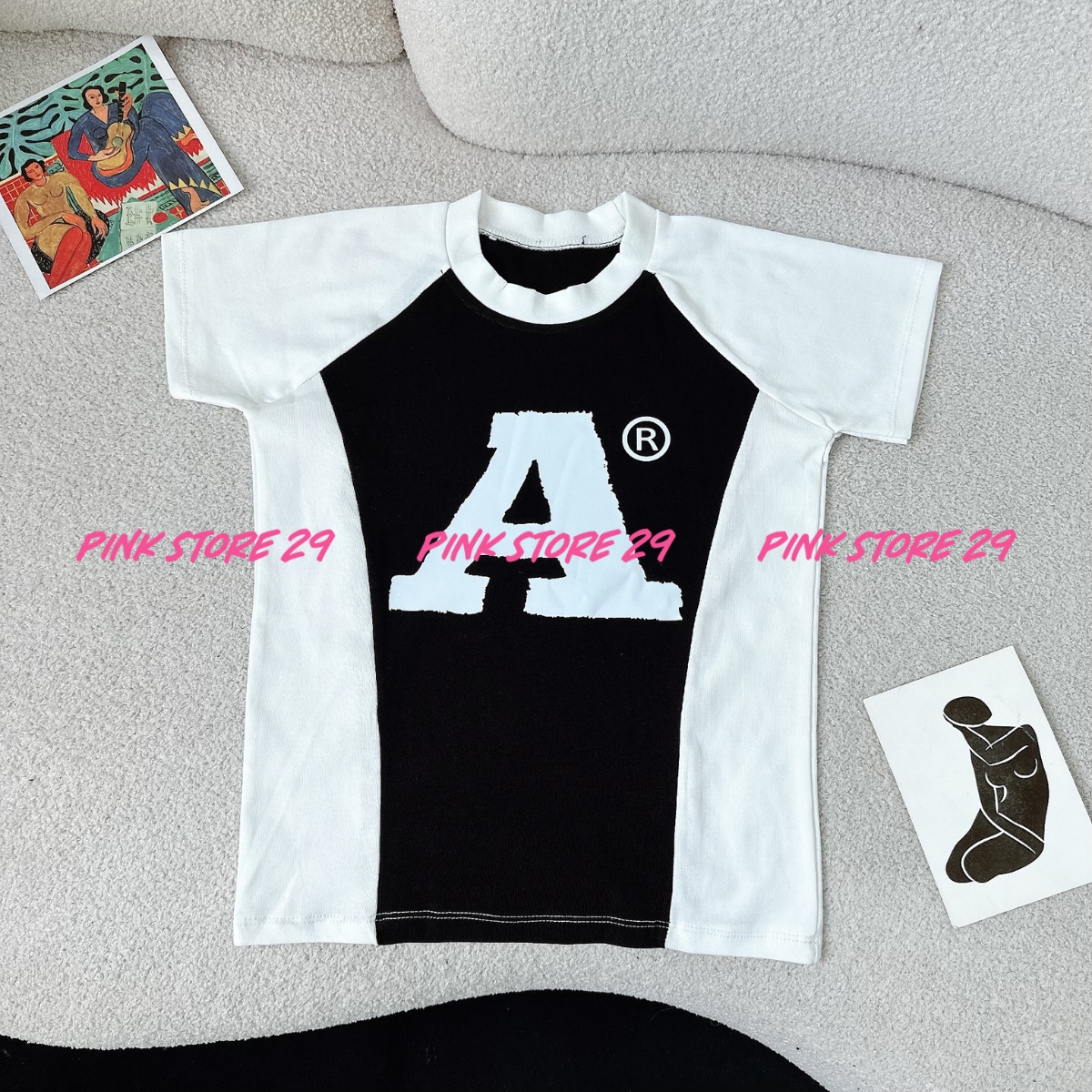 Áo thun Baby Tee kiểu tay raglan PINKSTORE29 in chữ A phong cách thể thao năng động A5837