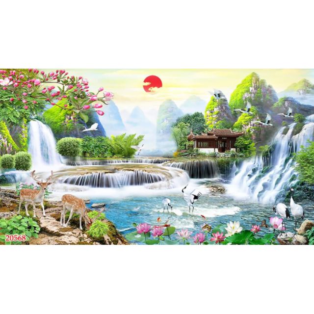 Tranh dán tường 3D phong cảnh thiên nhiên thác nước