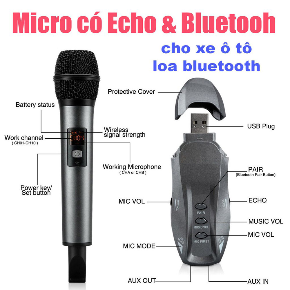 Micro không dây có echo và bluetooth, micro karaoke không dây excelvan k18v chống hú sử dụng cho ô tô, loa bluetooth phù hợp với mọi loa gia đình bạn