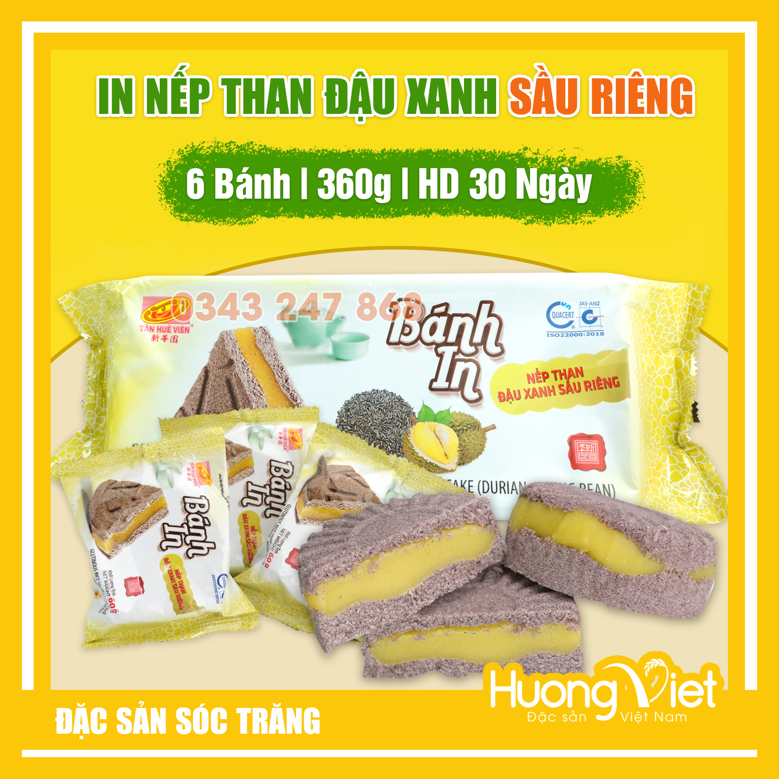 [HCM]Bánh in nếp than đậu xanh sầu riêng Tân Huê viên 360g bánh in Sóc Trăng Tân Huê Viên