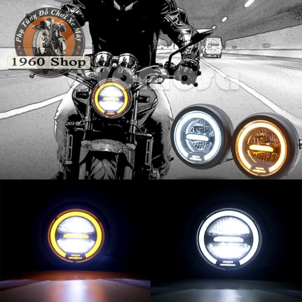 đèn pha led ⭐Hàng Mới Về ⭐ đèn pha led xe máy classic, gáo đèn vỏ kim loại màu đen sơn tĩnh điện, kính thủy tinh, Phù hợp độ Cafe Racer Tracker