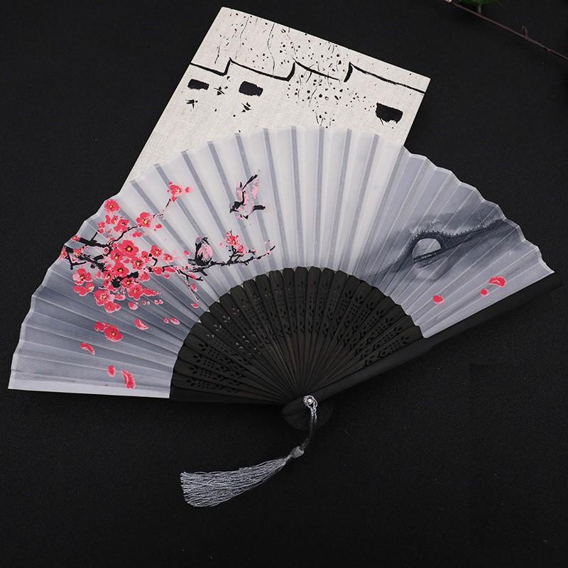Quạt cổ trang chim đào cổ phong cổ đại bản lụa xếp cầm tay quà tặng trang trí cosplay