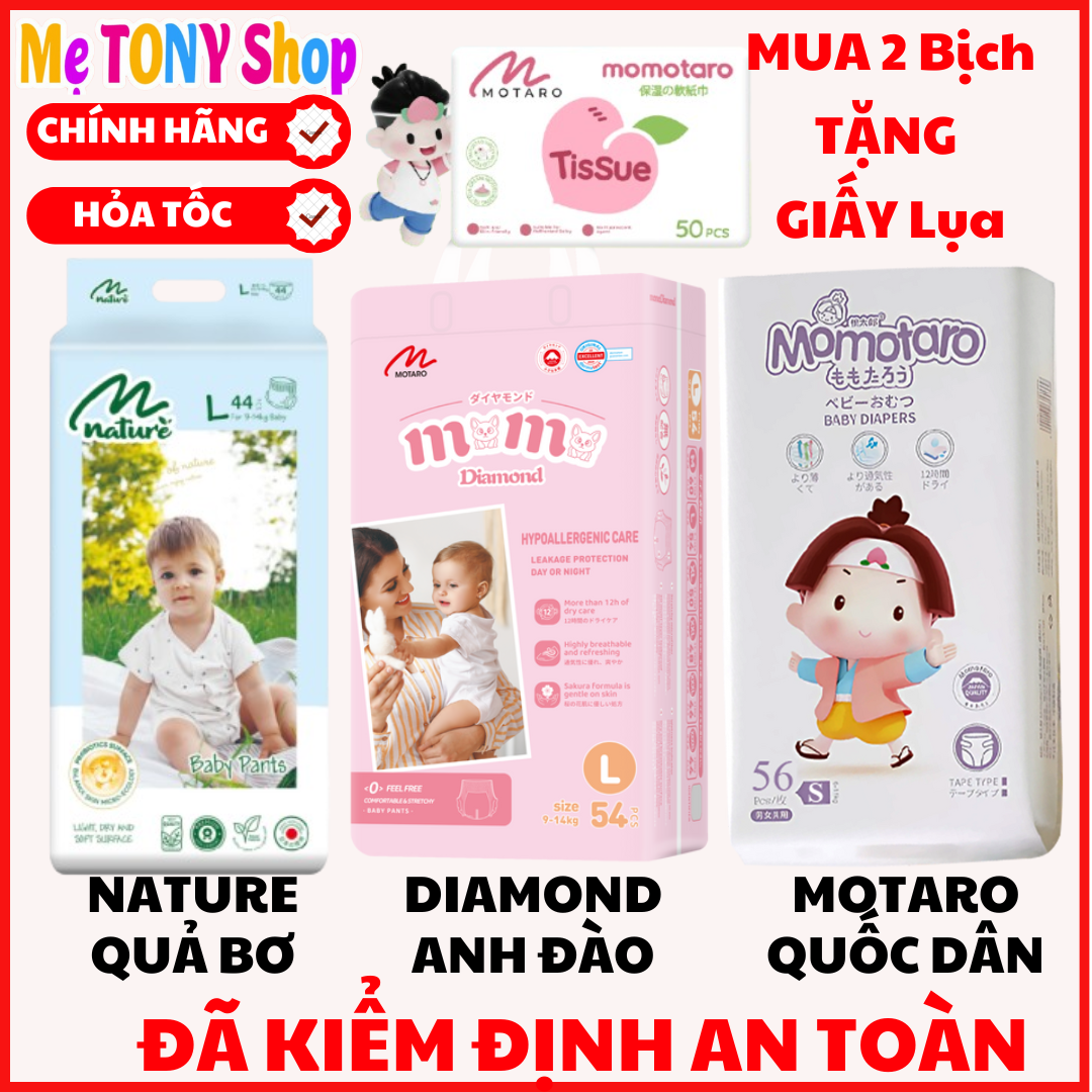 Tặng GIẤY Lụa COMBO 2 BỊCH Bỉm Tã Dán Quần Momotaro Momo Diamond Momo Nature Cao Cấp Đủ Size Mỏng Nhẹ-Thấm Tốt