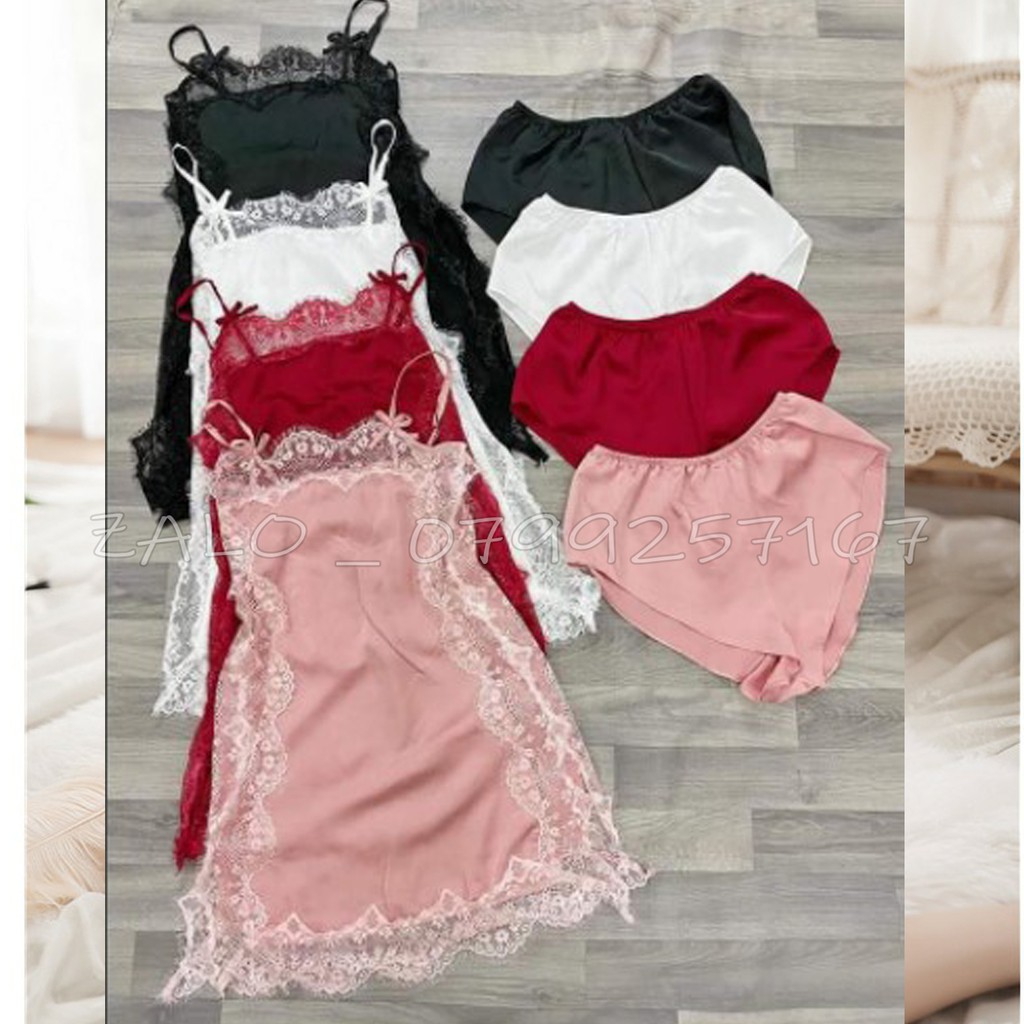 Váy ngủ 2 dây lụa satin viền ren sexy , Đầm mặc nhà gợi cảm
