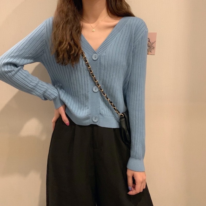 Áo khoác cardigan dệt kim cổ tim xinh xắn cho nữ chất len gân phong cách ulzzang hàn quốc nhiều màu