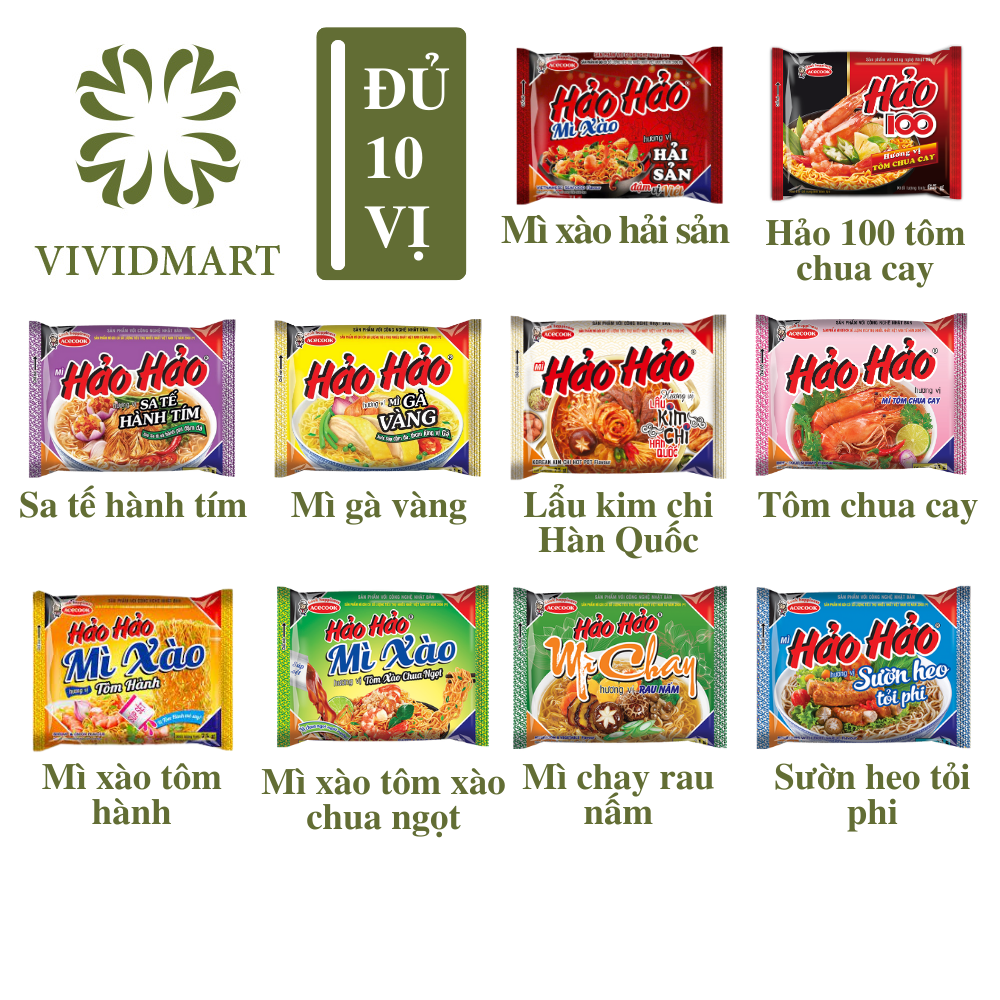 [GÓI LẺ] - ACECOOK - Hảo Hảo 10 vị: Hảo 100, Tôm Chua Cay, Sườn Heo Tỏi Phi, Xào Chua Ngọt, Hành, Hải sản Gà Vàng, Sa Tế Tím, Chay Rau Nấm, Lẩu Kim Chi  (65g-95g/gói)