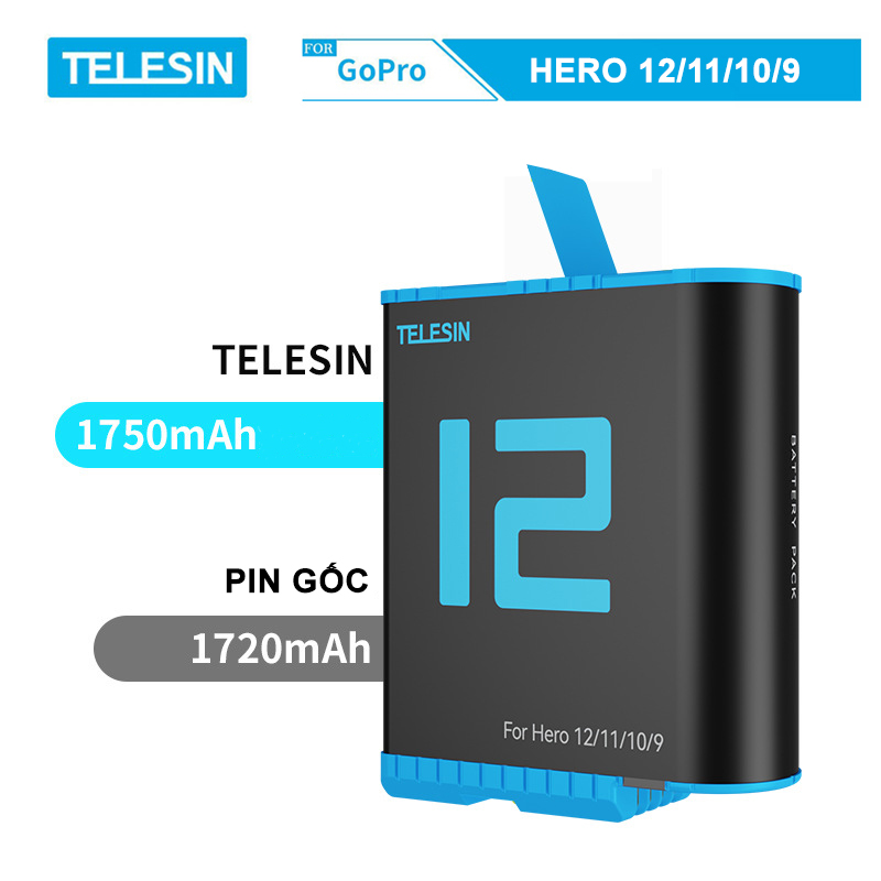 Pin telesin cho gopro hero 9, gopro hero 10, gopro hero 11, gopro hero 12