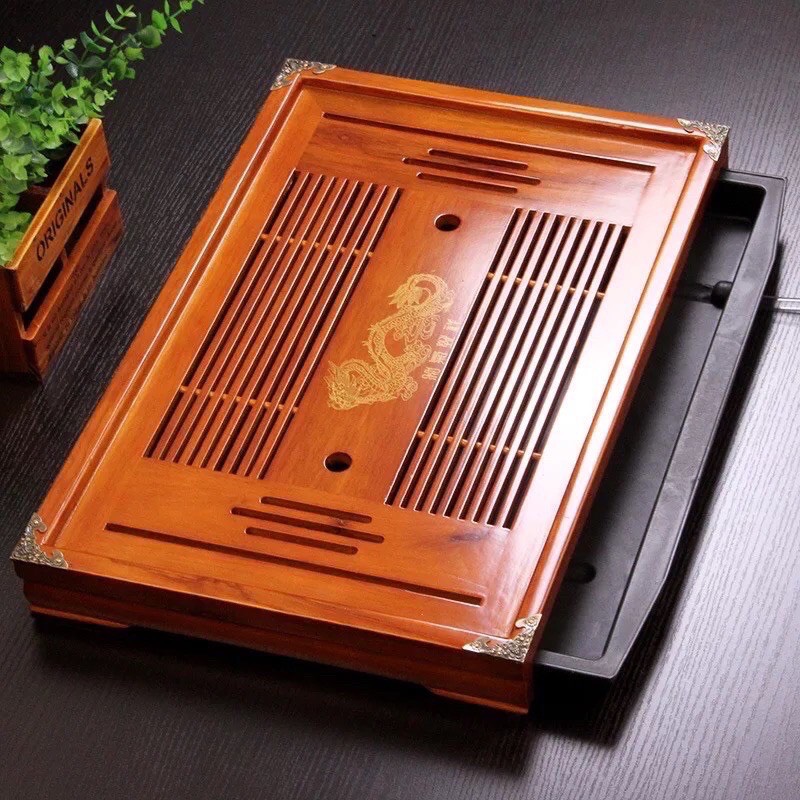 Khay trà cỡ đại 51x34, khay trà gỗ cao cấp, khay bọc đồng 4 góc cao cấp