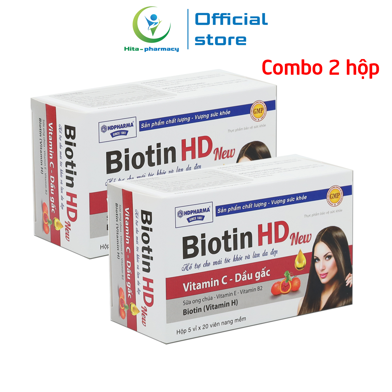 Combo 2 hộp Viên uống Biotin HD New, vitamin C, dầu gấc, vitamin B giúp khỏe tóc, đẹp da, giảm rụng tóc, chống lão hóa - Hộp 100 viên
