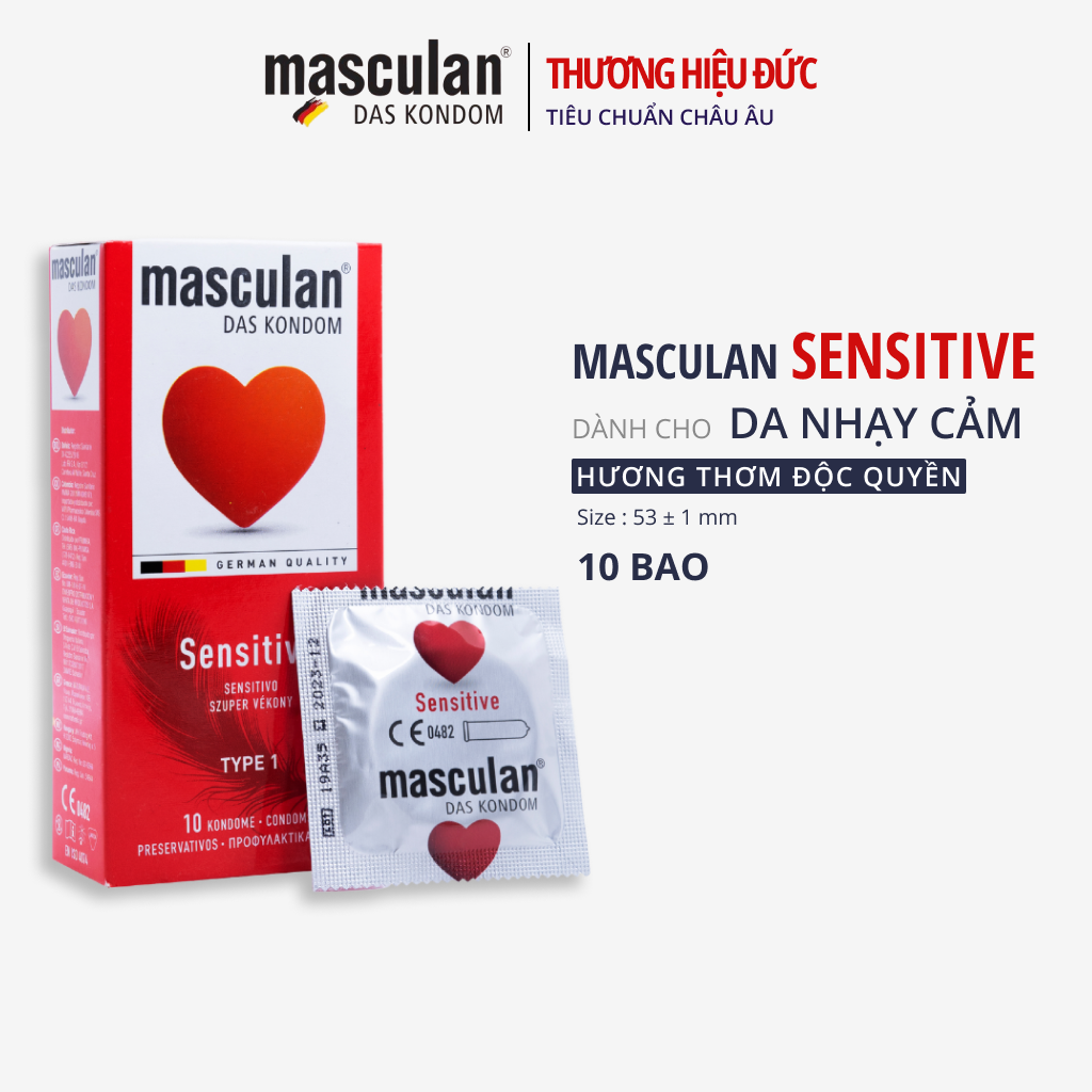 Hộp 10 Cái Bao cao su Đức Masculan Sensitive - Dành cho da nhạy cảm, Cao Cấp, Bao Cao Su Masculan Không Mùi Cao Su , bán chạy nhất tại Đức