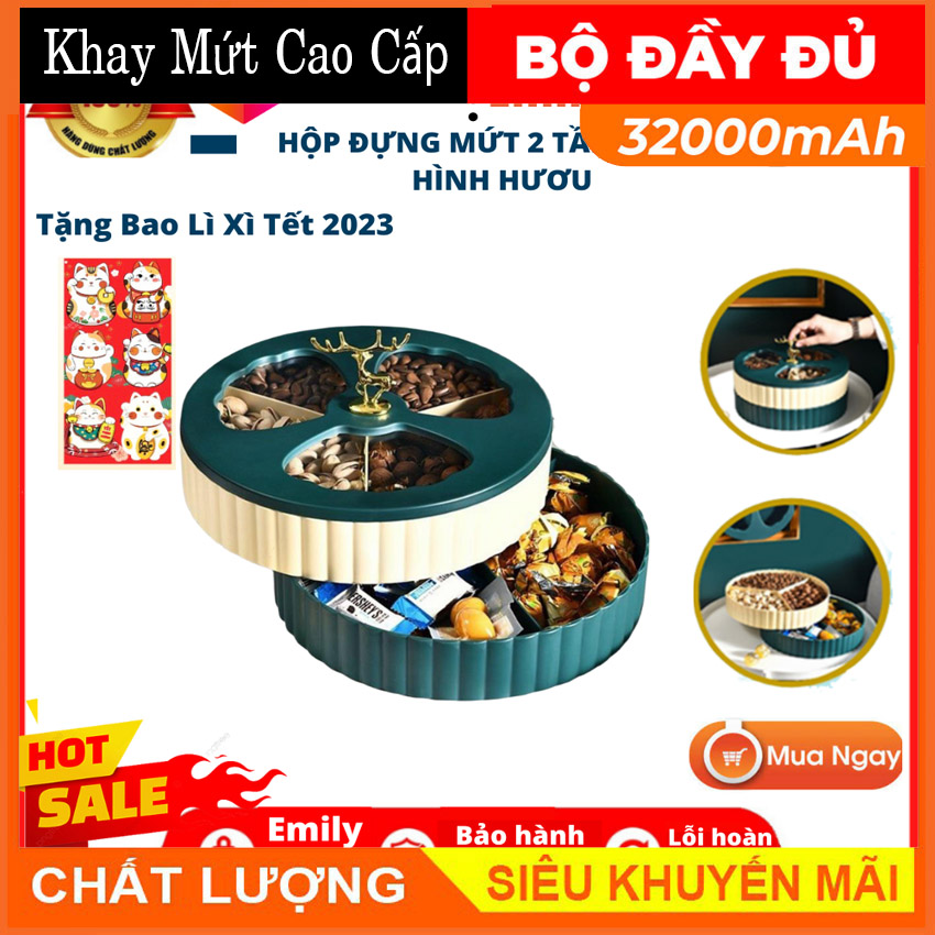 Khay mứt tết sang trọng 2 tầng - hộp đựng mứt tết, khay đựng bánh kẹo hình hươu tròn 2 tầng sang trọng, hiện đại cho ngày tết - bảo hành 12 tháng