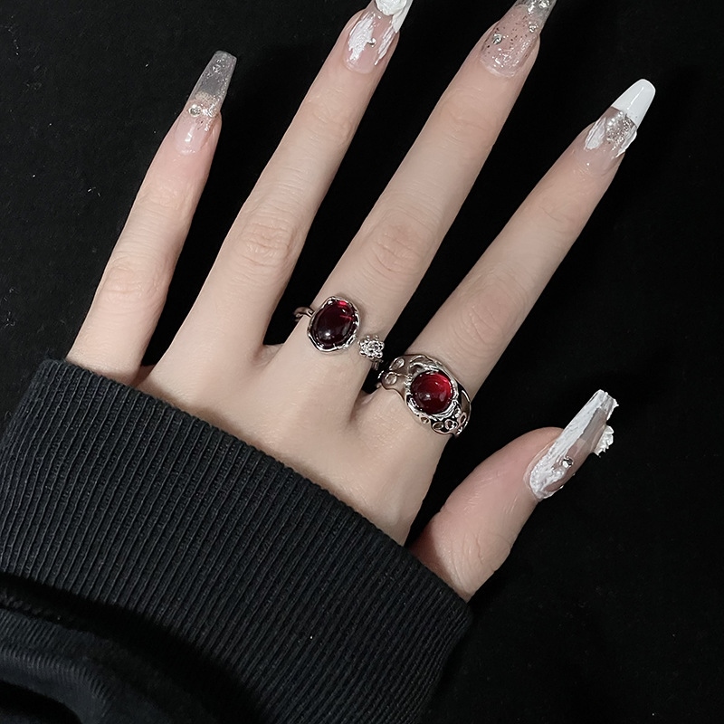 【CC】 Irregular Rings With Opal Aesthetic Egirl Hollow Red For Women Y2k Bud Open Ring