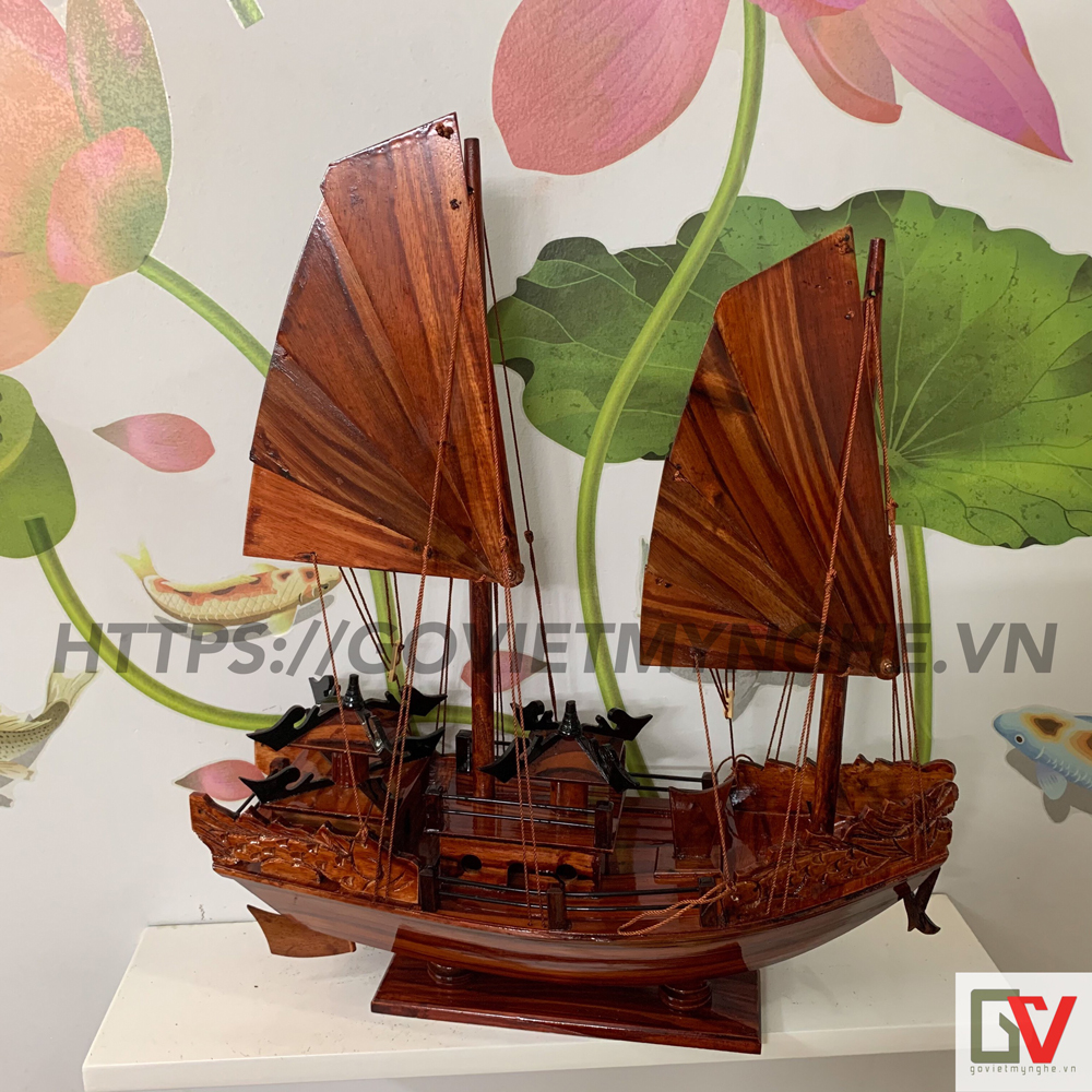 Mô hình thuyền gỗ trang trí thuận buồm xuôi gió - Mô hình Tàu gỗ Hạ Long Rồng cổ - Dài 40cm - Gỗ Tràm Tự Nhiên